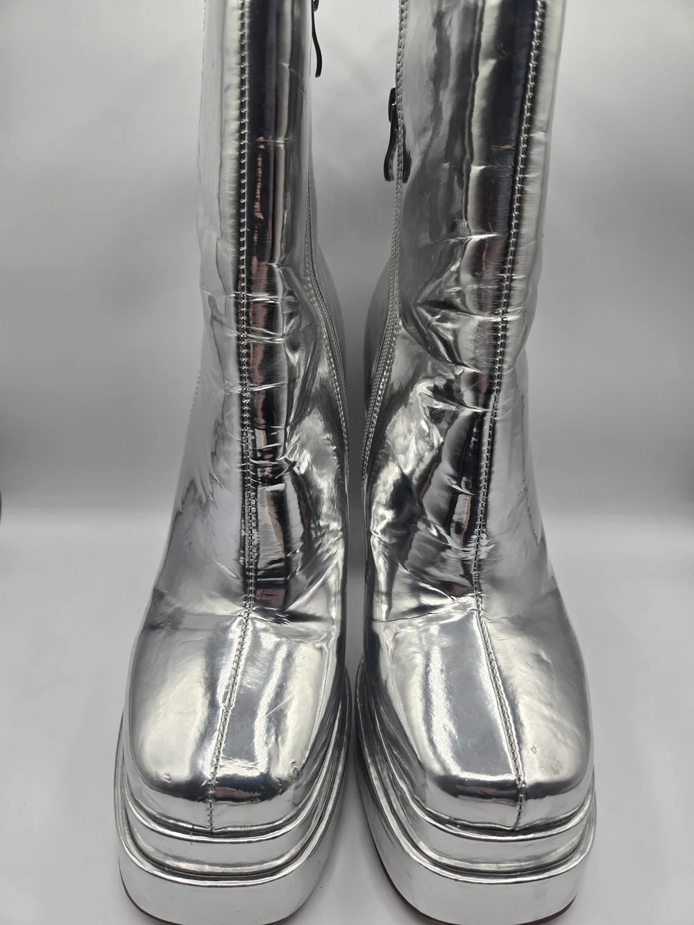 Azalea Wang Silver Mirror Platform Ankle Boots Disco GoGo Block Heel Size 8